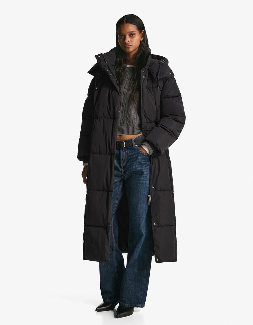 Довге дуте пальто з капюшоном, водовідштовхуюче-Чорний