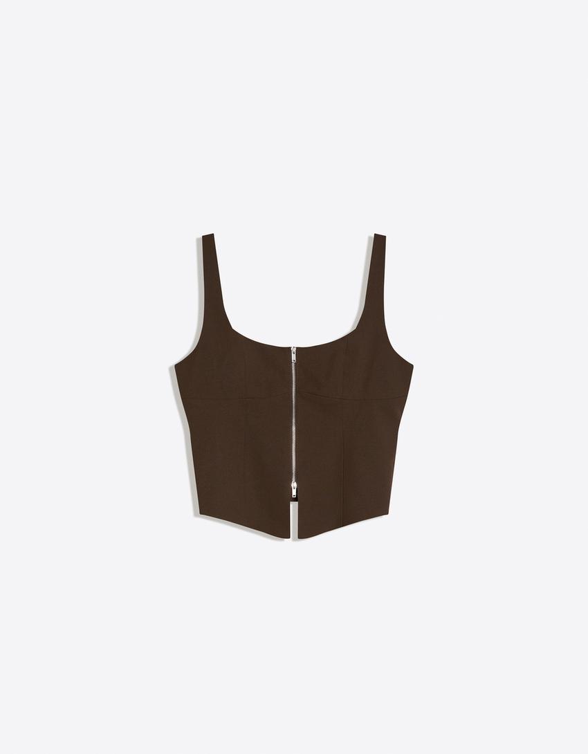 Zip-up strappy top-Brown
