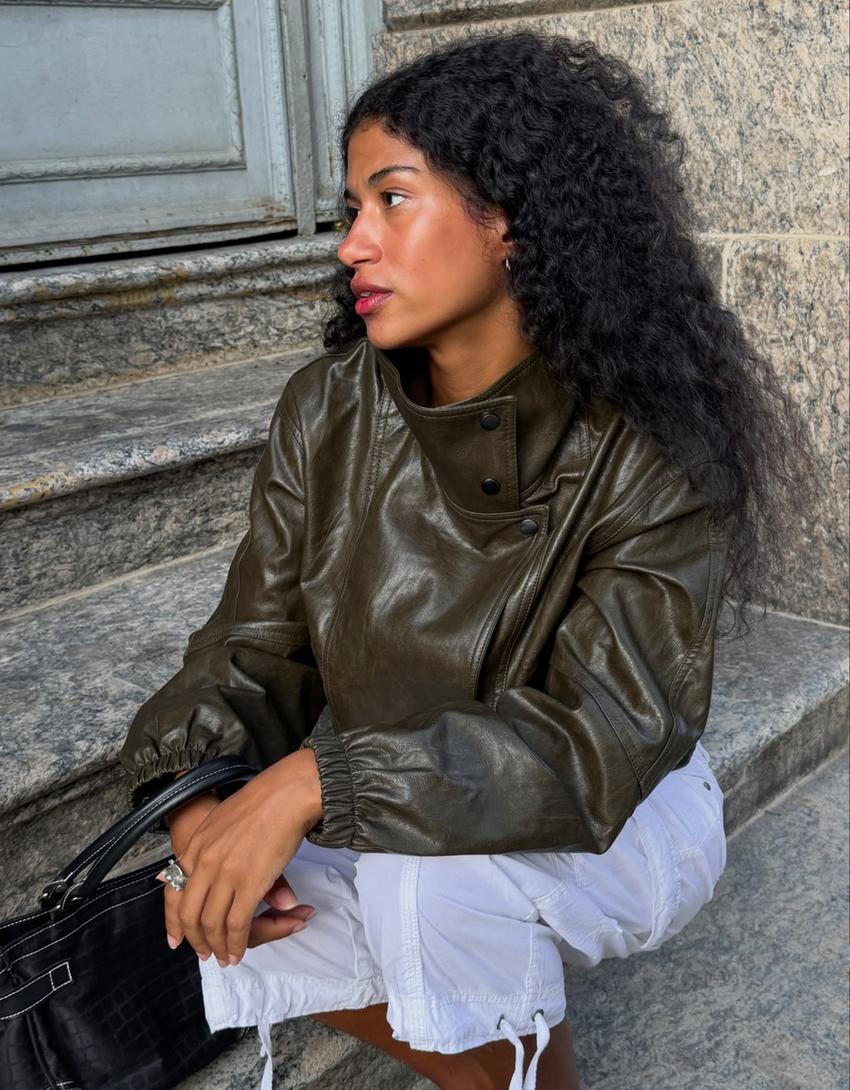 Kunstlederjacke mit Revers-Khaki