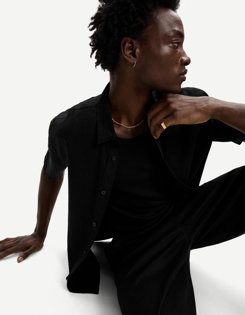 Short sleeve linen blend shirt-Black