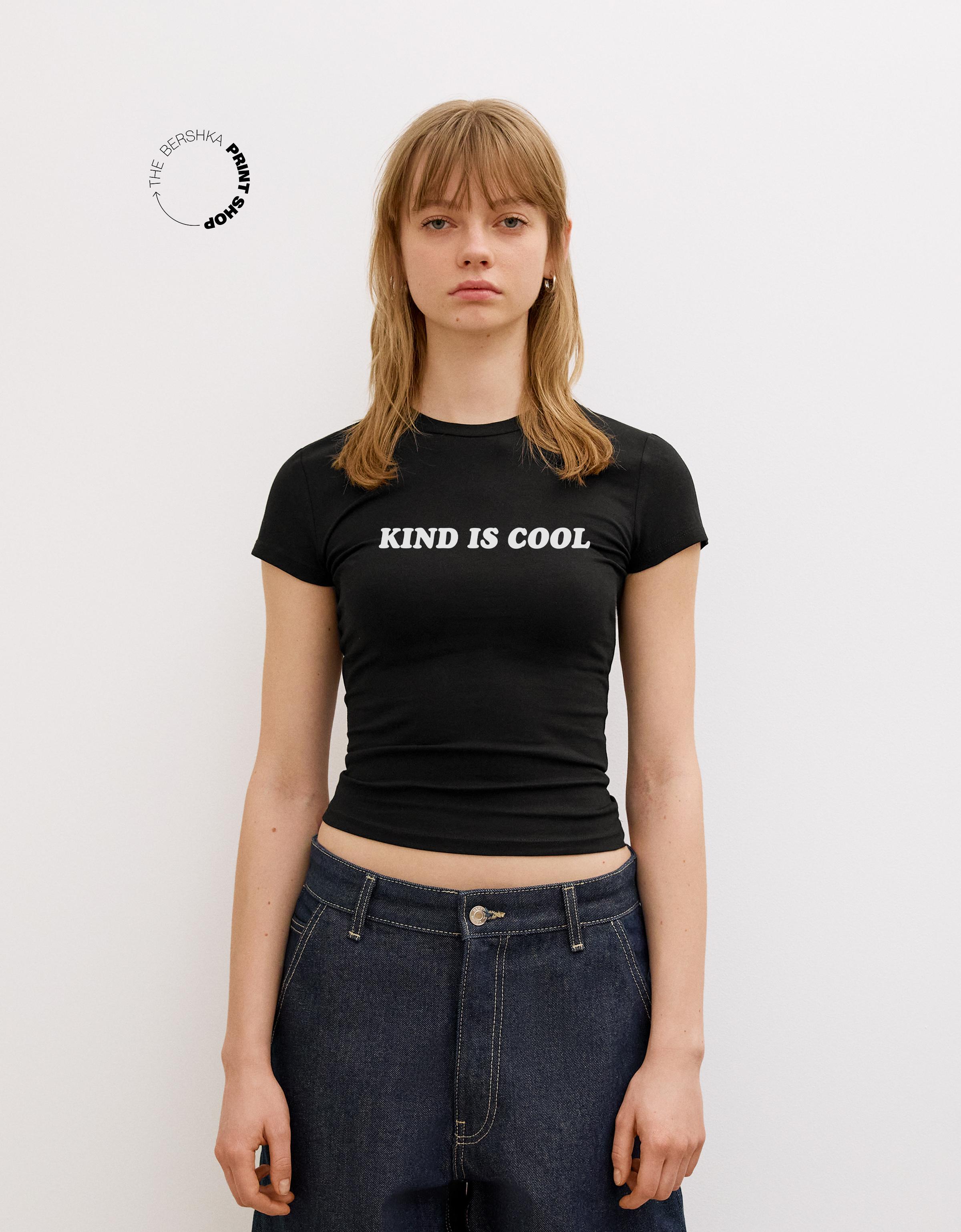 Bershka T-Shirt Mit Print Und Kurzen Ärmeln Damen 10-12 Schwarz
