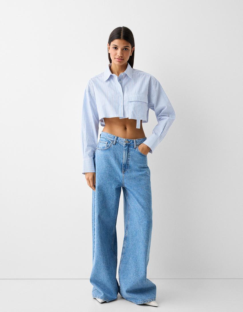 Long sleeve cropped poplin shirt with straps-Blue
