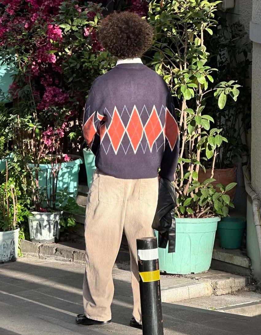 Pull col polo imprimé-Marine