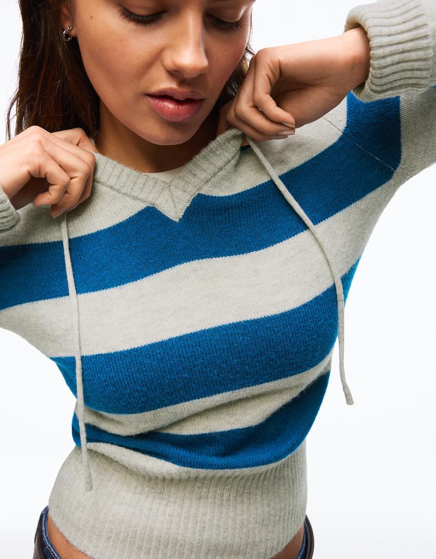 Baskılı kapüşonlu sweatshirt-Mavi