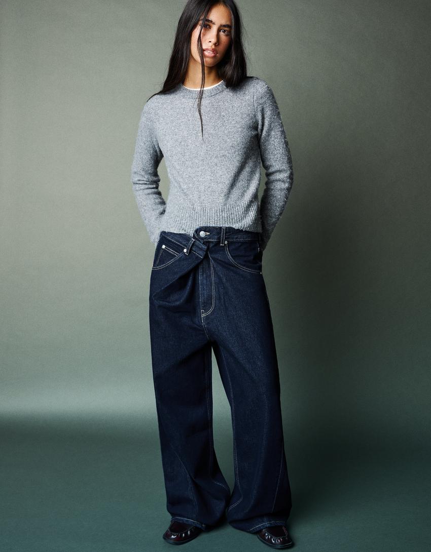 Wide-leg jeans with crossover waist-Navy