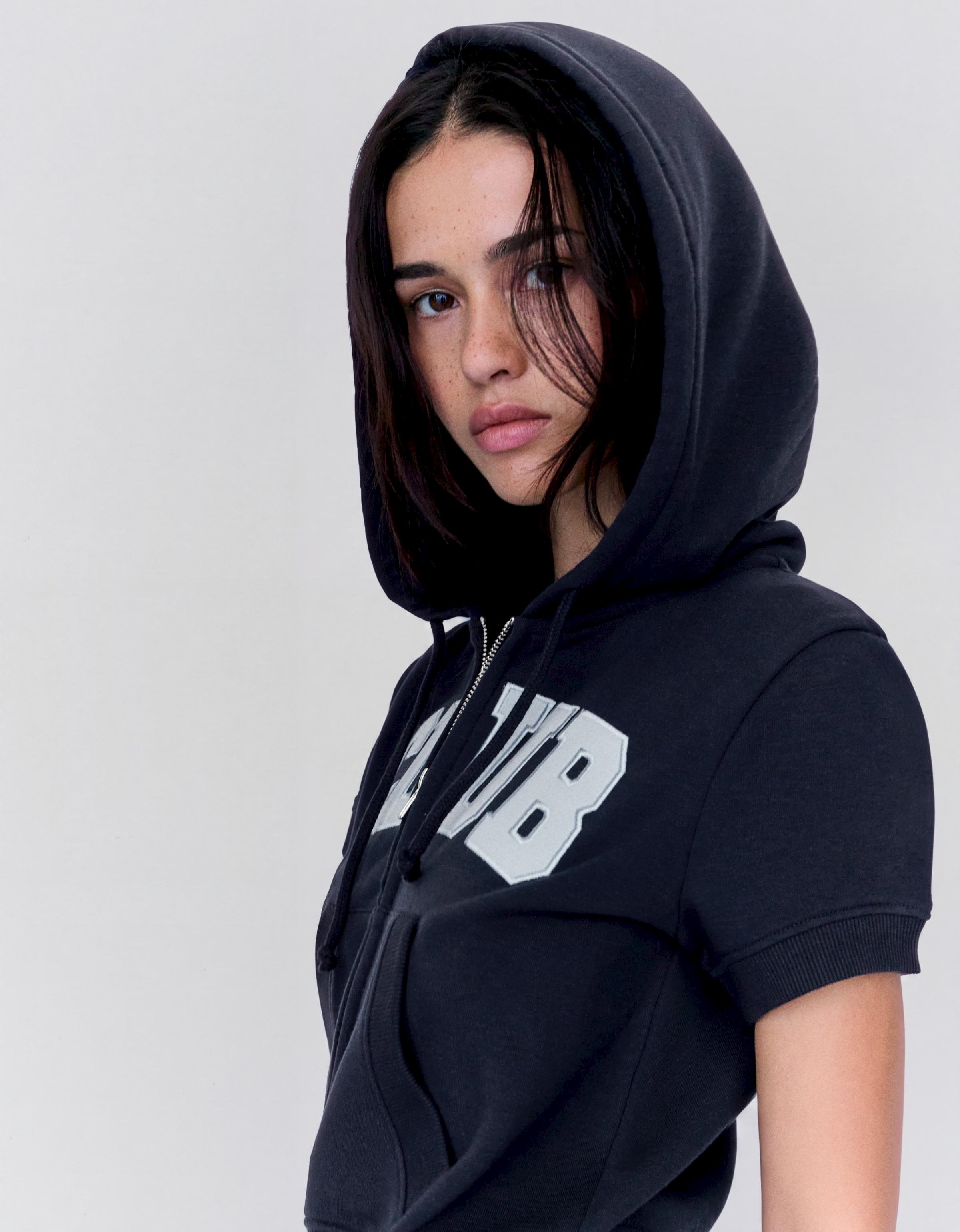 Short-sleeved hooded zip-up sweatshirt — Navy