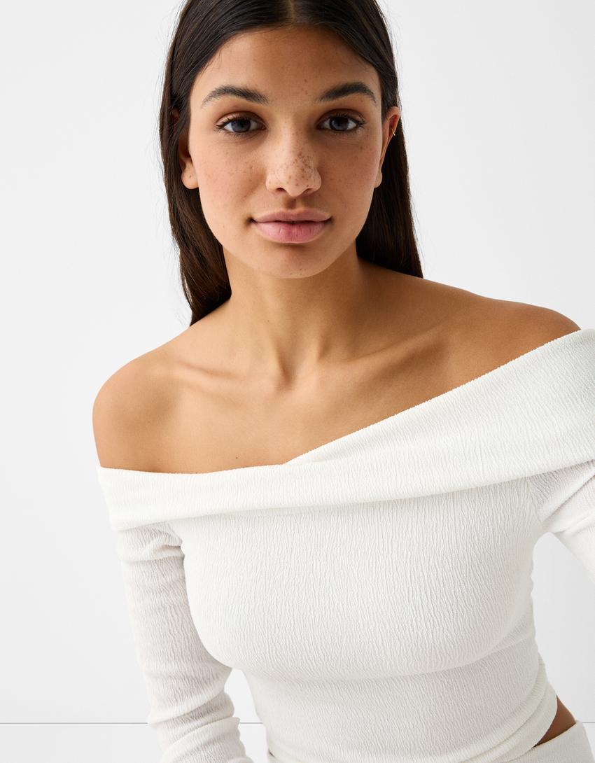 تيشرت مكشوفة الأكتاف بغرزة وافل وأكمام طويلة-أبيض مطفي-2