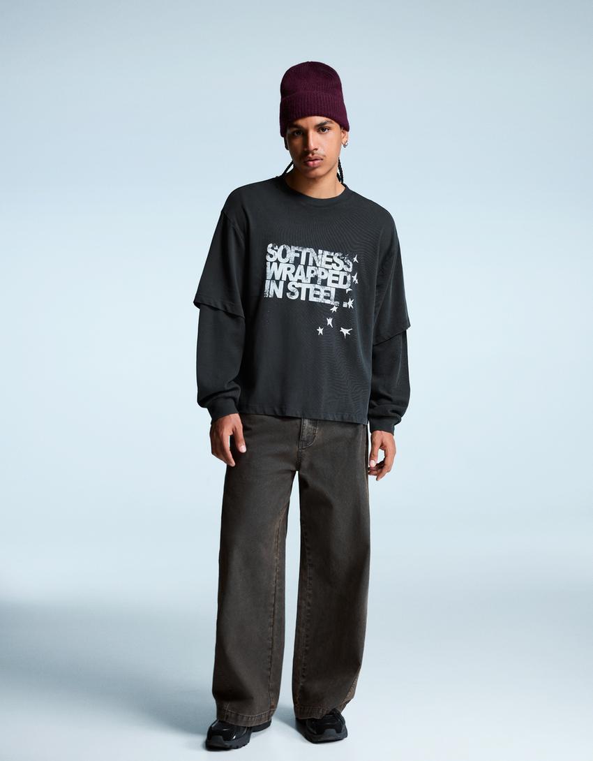 T-shirt double manche imprimé-Gris