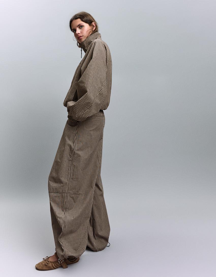 Checked parachute trousers-Camel