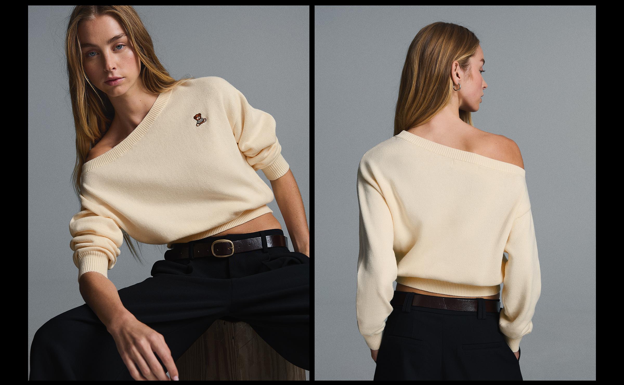 Bear embroidered boat neck jumper — Cream