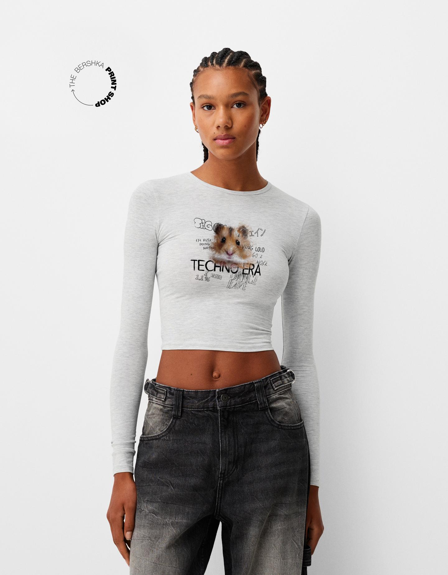 Bershka Langarmshirt Mit Print Damen S Grau günstig online kaufen