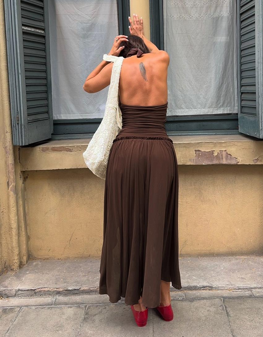 Asimetrik halter yaka uzun elbise-Kahverengi