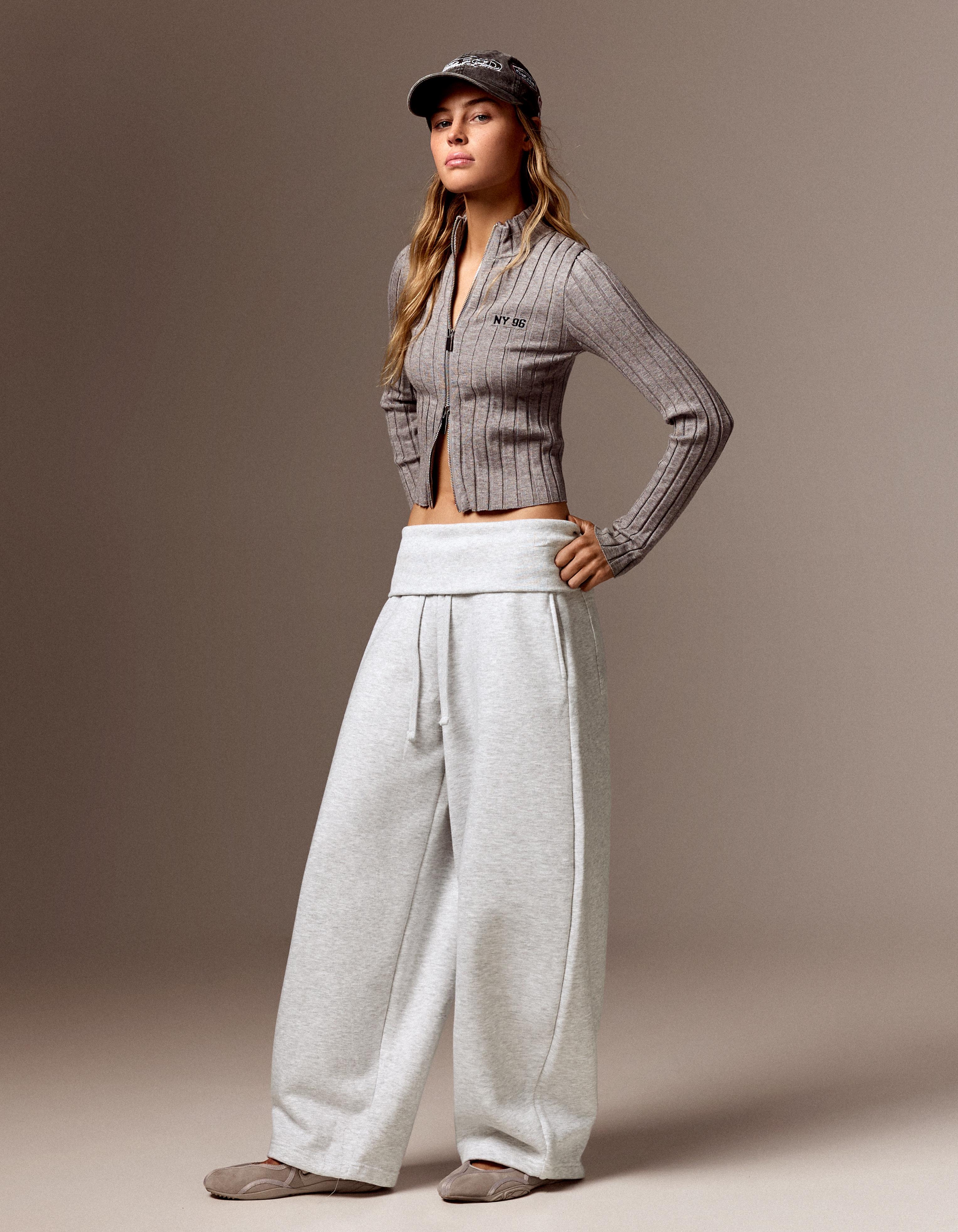 Barrel-leg jersey trousers with fold-over waist — Grey