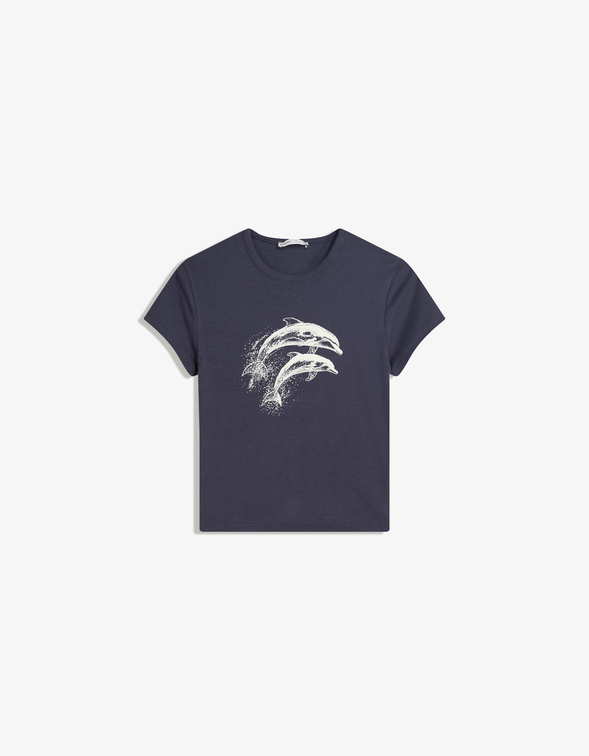 Bershka T-Shirt Mit Print Und Kurzen Ärmeln Damen Xs Dunkelblau