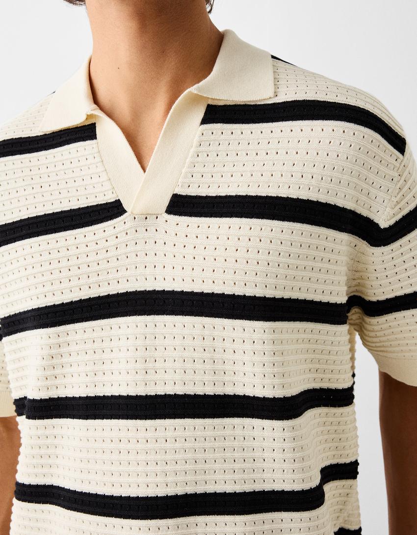 Textured striped short sleeve polo shirt-Sand-5