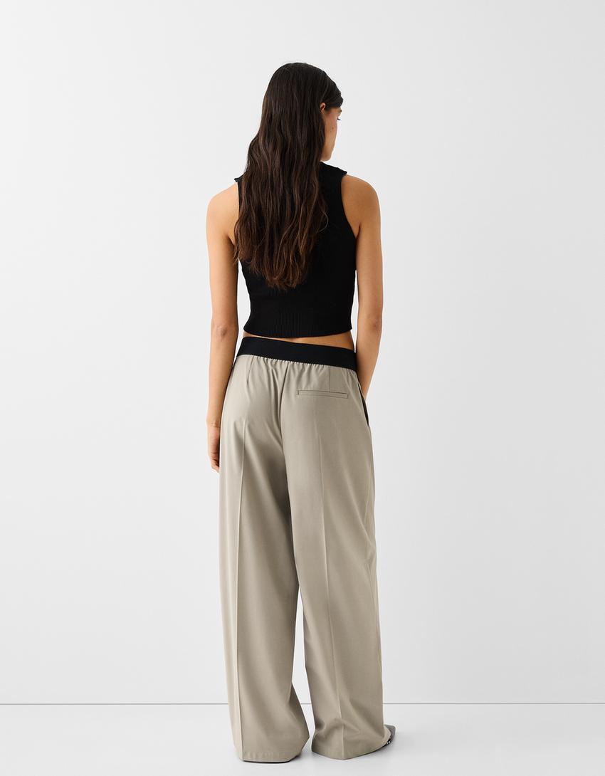 Calças wide leg tailored fit cintura borracha-Caqui-2