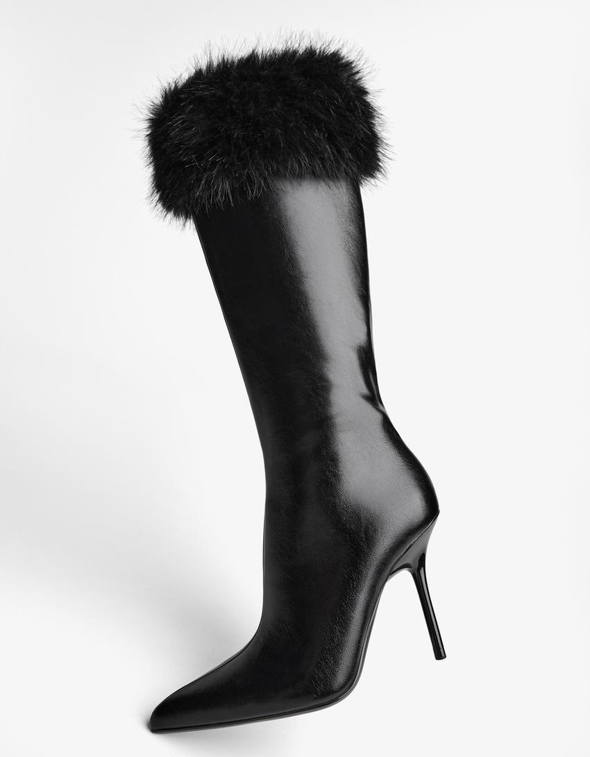 Bottes à talon détail fourrure-Noir