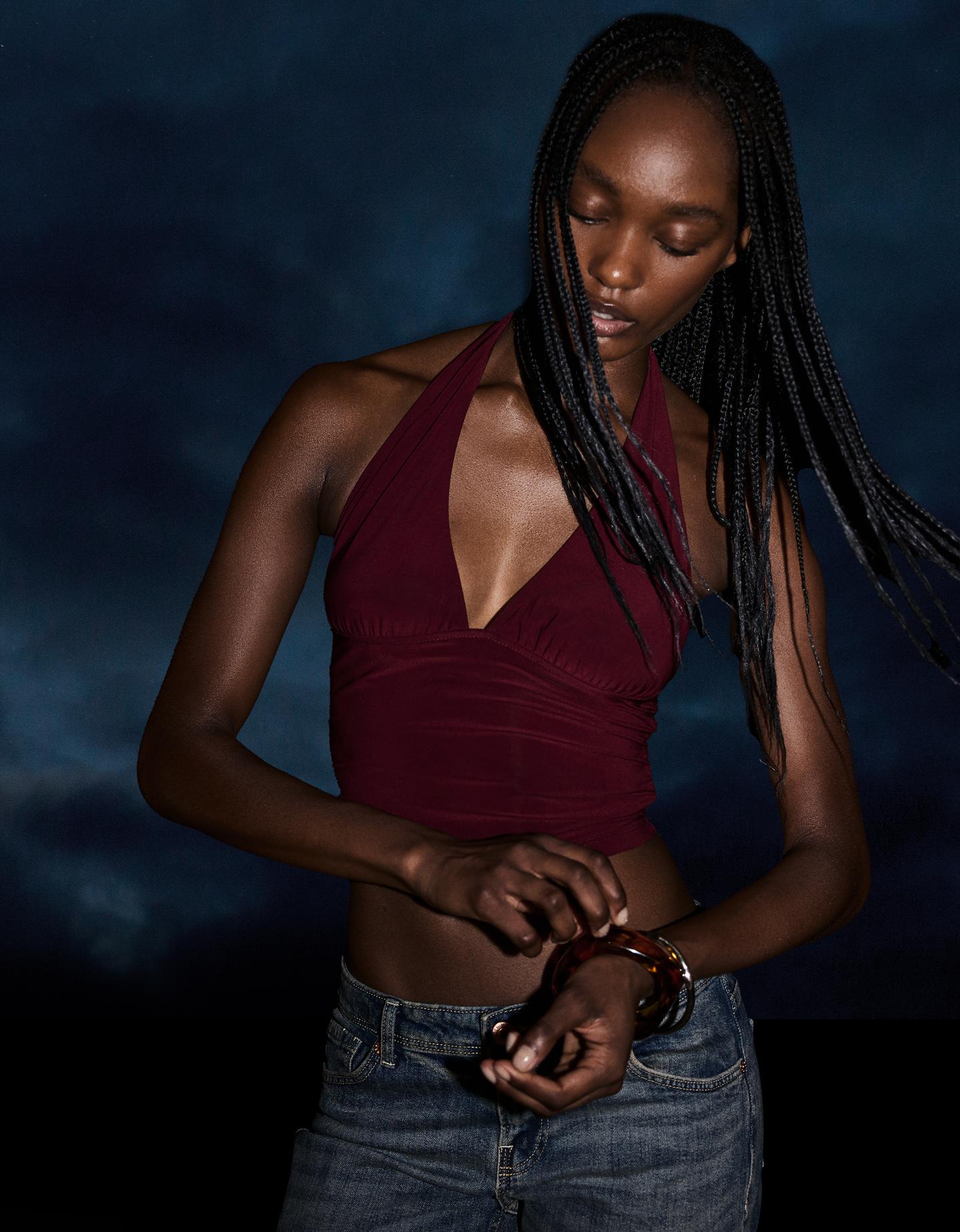 Bershka marszczony top z dekoltem halter bordowy
