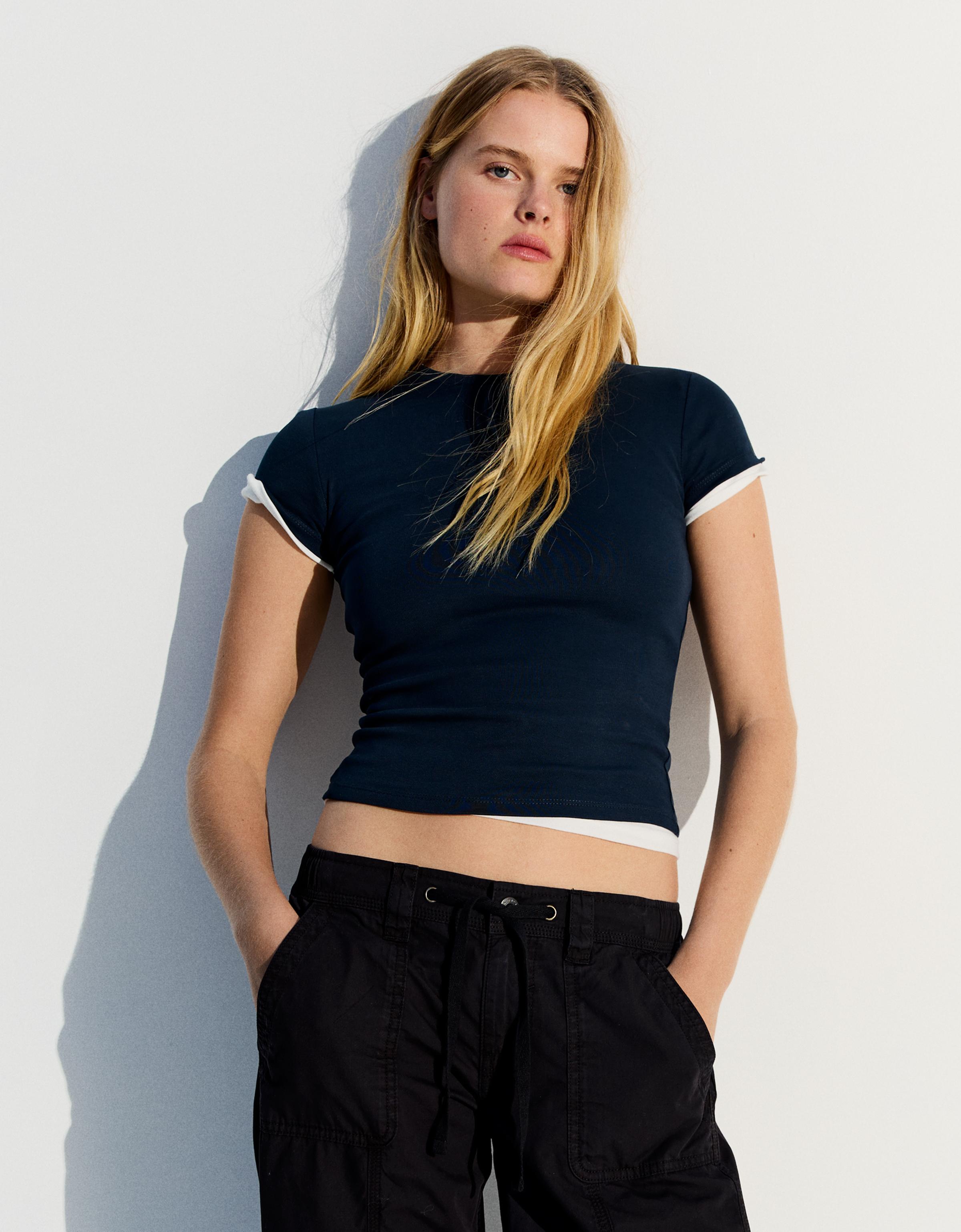 Bershka Camiseta Manga Corta Cuello Redondo Mujer L Marino