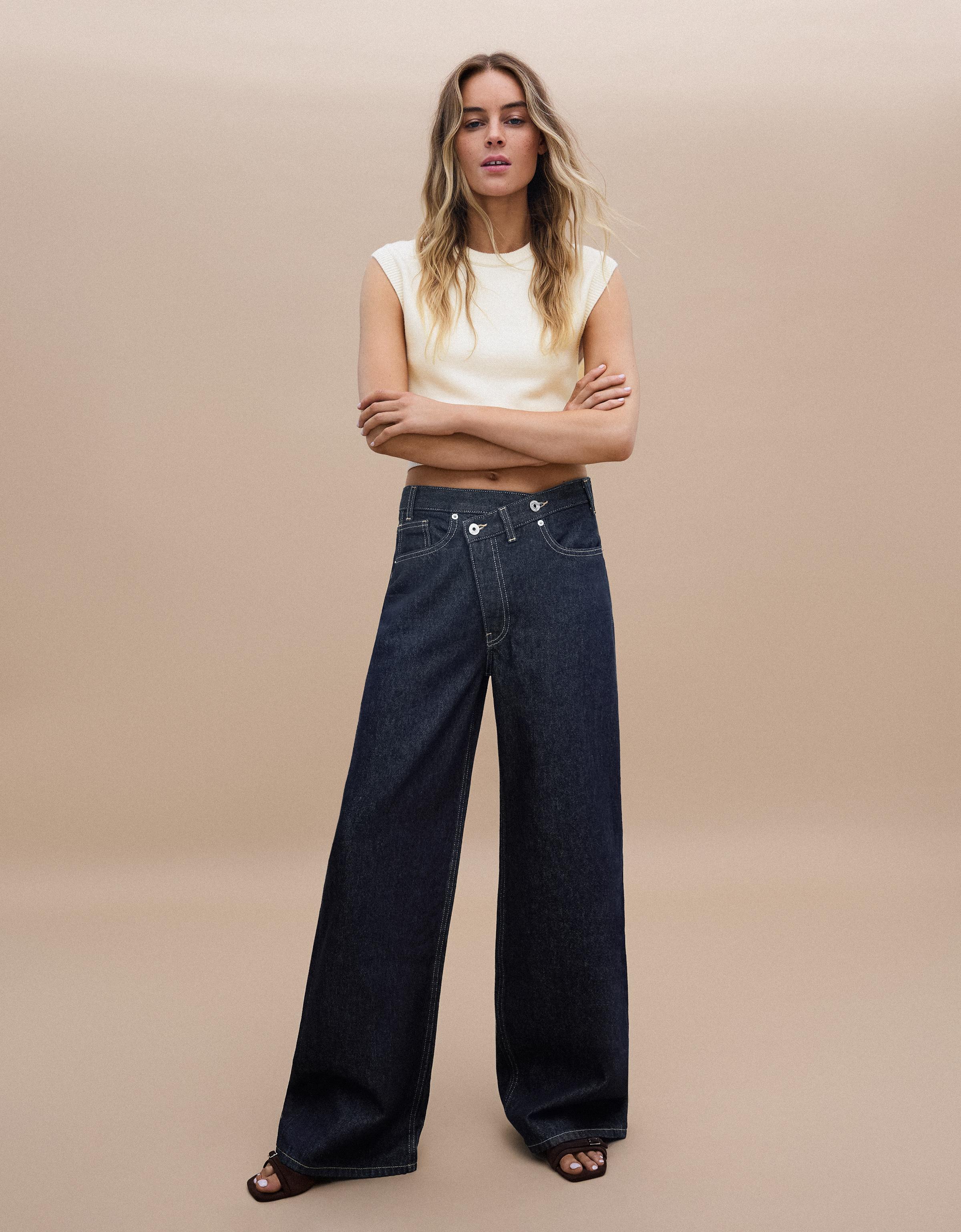 Wide-leg cross-waist jeans — Navy