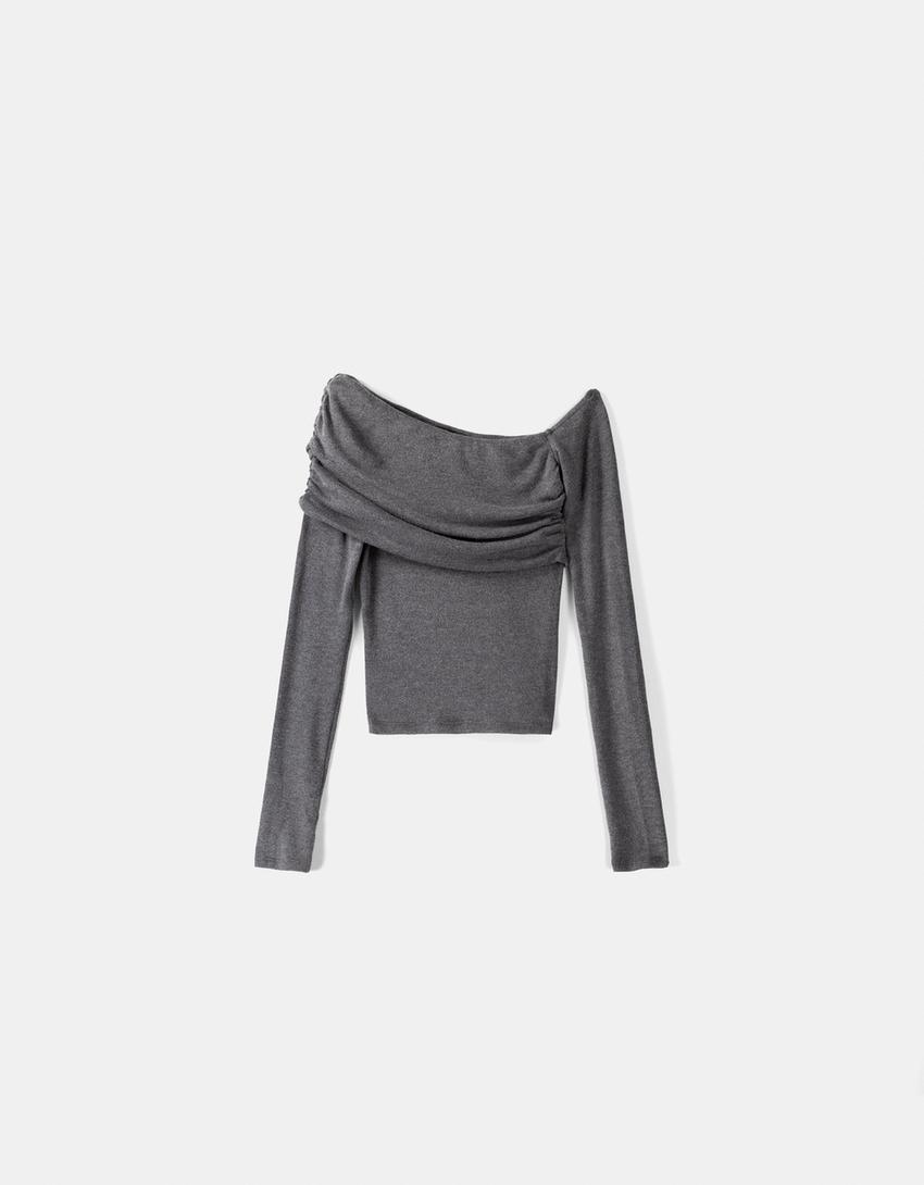 Long sleeve asymmetric T-shirt-Grey-4