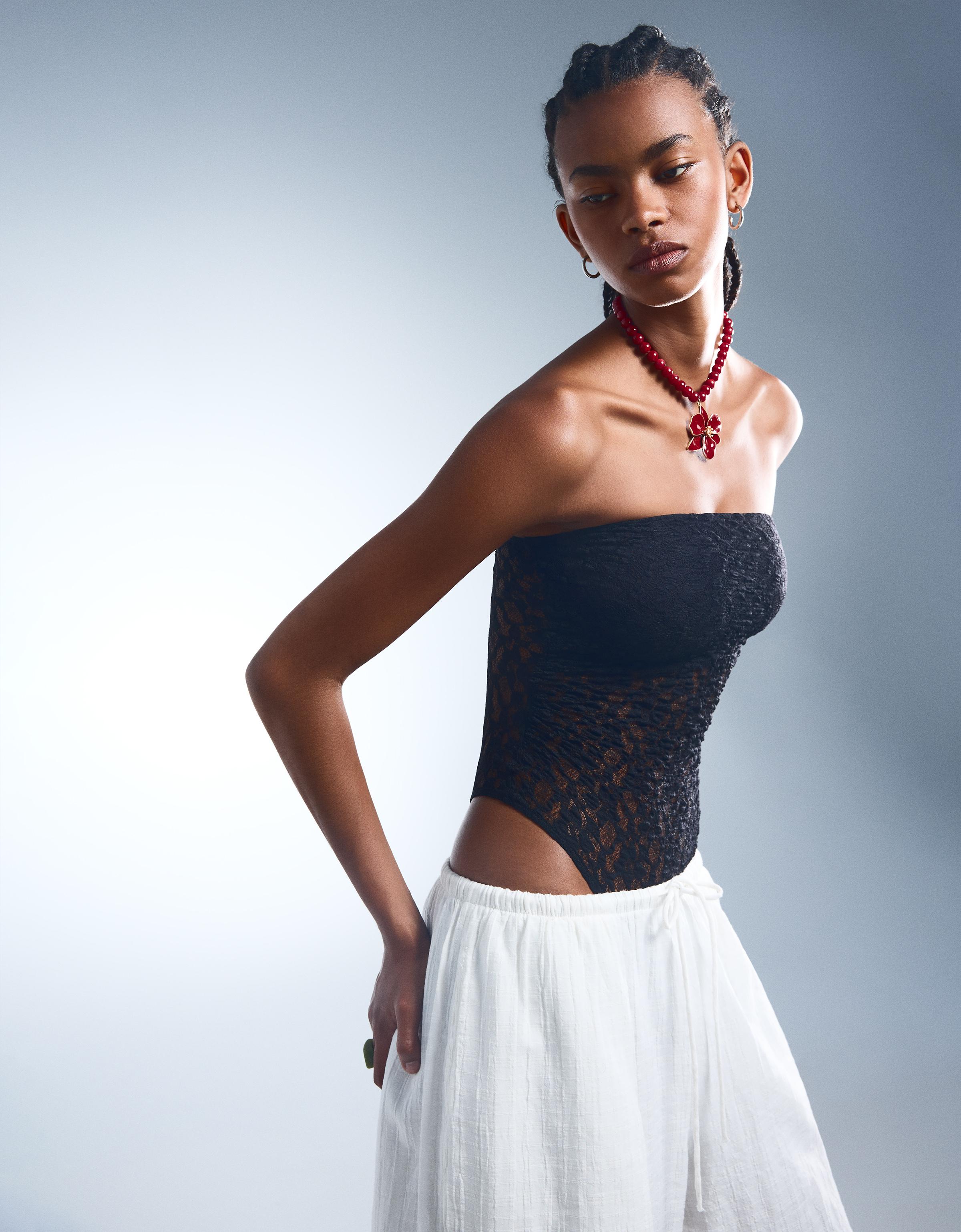 Bershka Bandeau-Body Mit Spitzenkante Damen L Schwarz