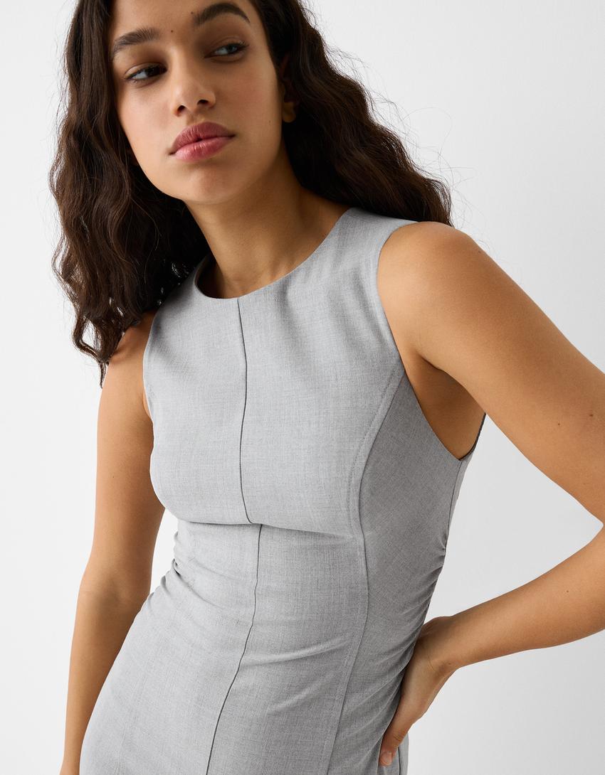 Vestido mini sem mangas tailored fit justo cortes-Cinza-6