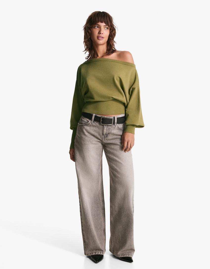 Pull asymétrique à ourlet côtelé-Vert