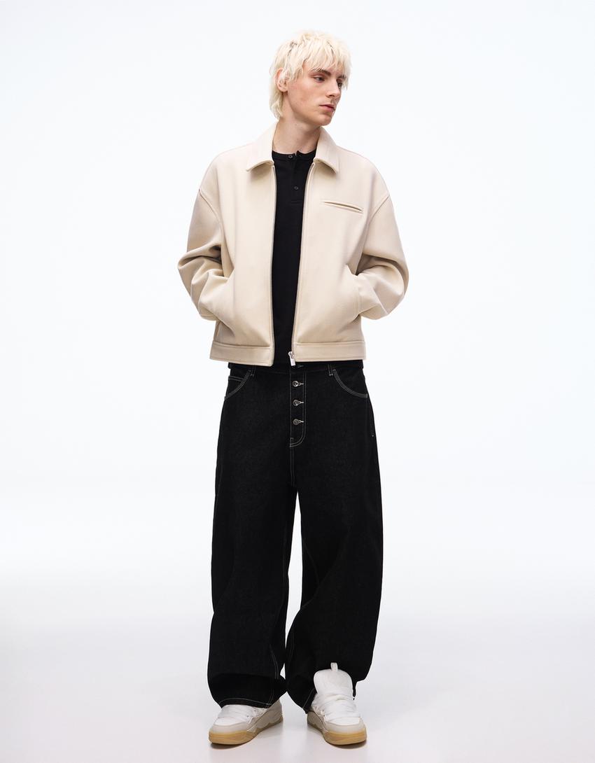 Fermuarlı kumaş ceket-Taş rengi