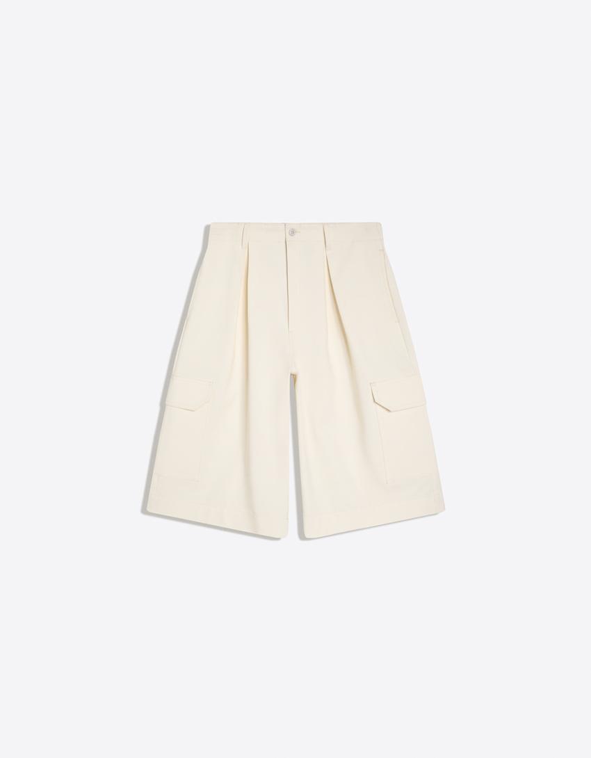 Bermuda cargo wide leg à pinces-Blanc cassé