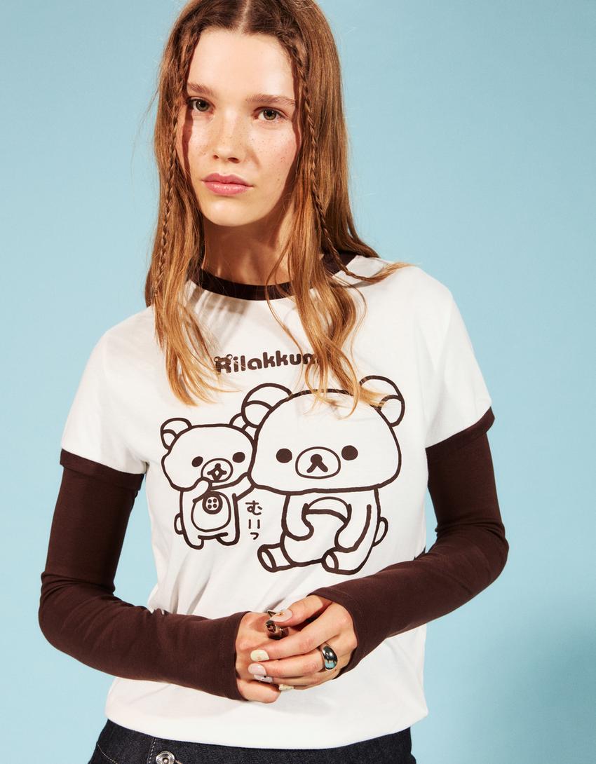 Rilakkuma T-Shirt mit kurzen Ärmeln und Print-Grbrochenes Weiss
