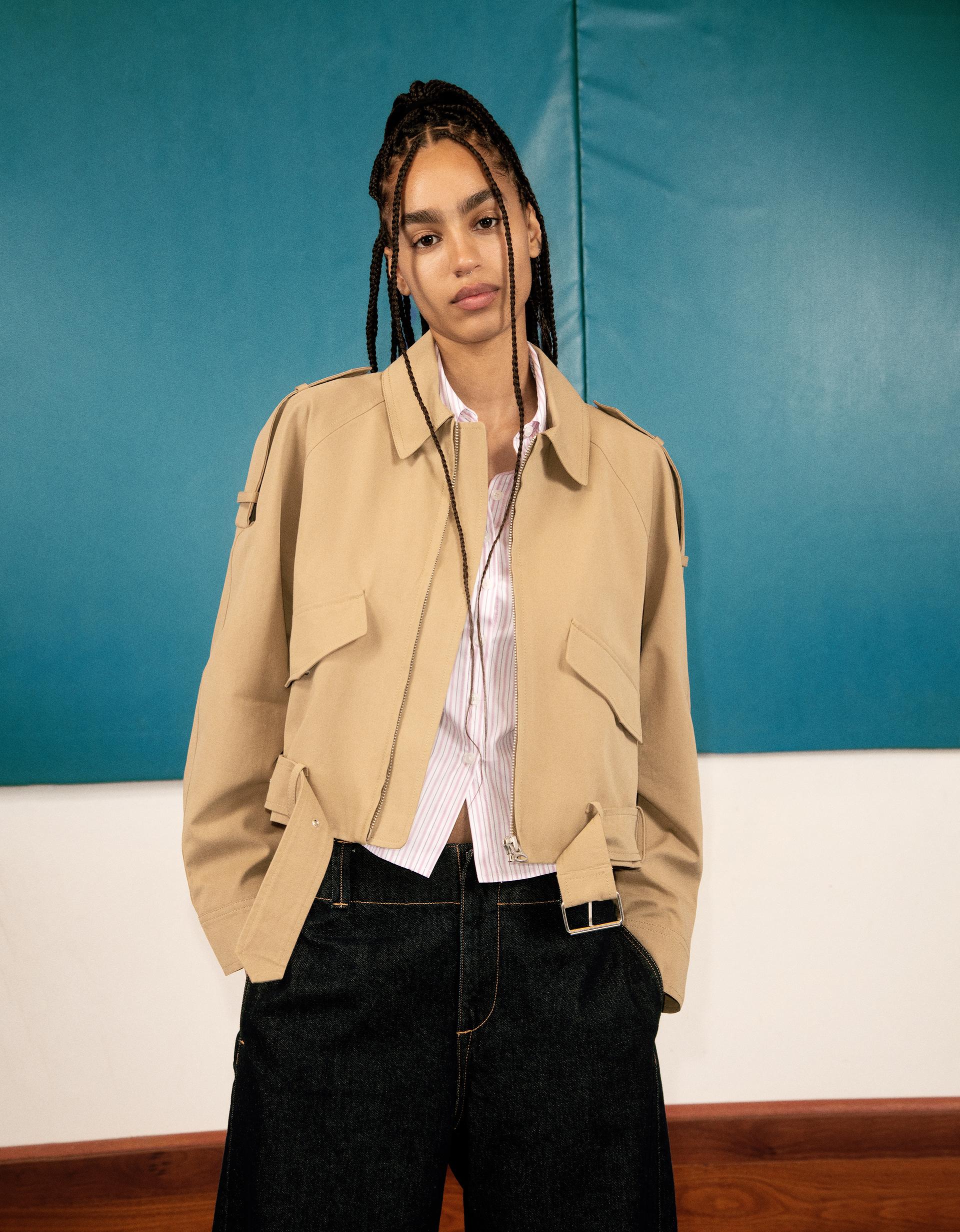 Trucker jacket with belt Women Bershka - Main Image