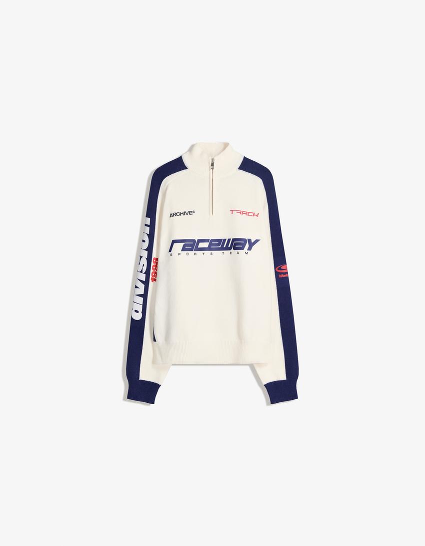 Pull col zippé imprimé-Blanc cassé