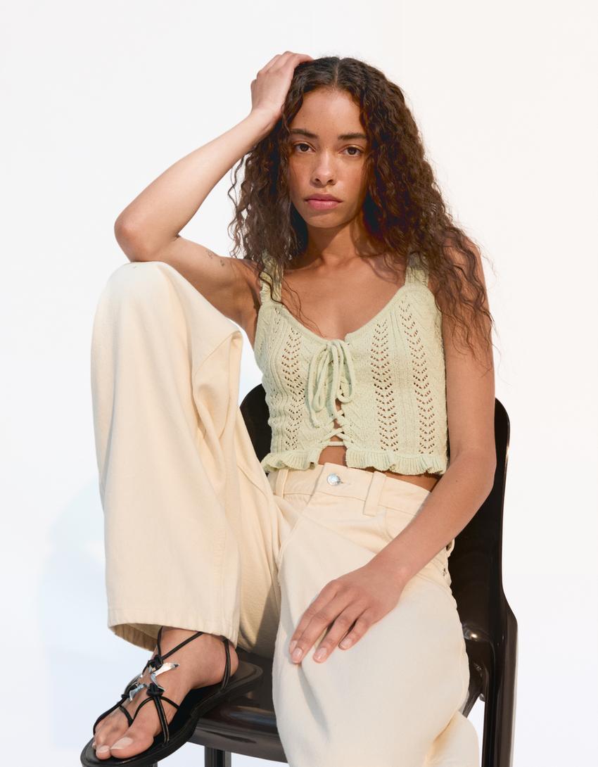 Ruffled top with ties-Green-0