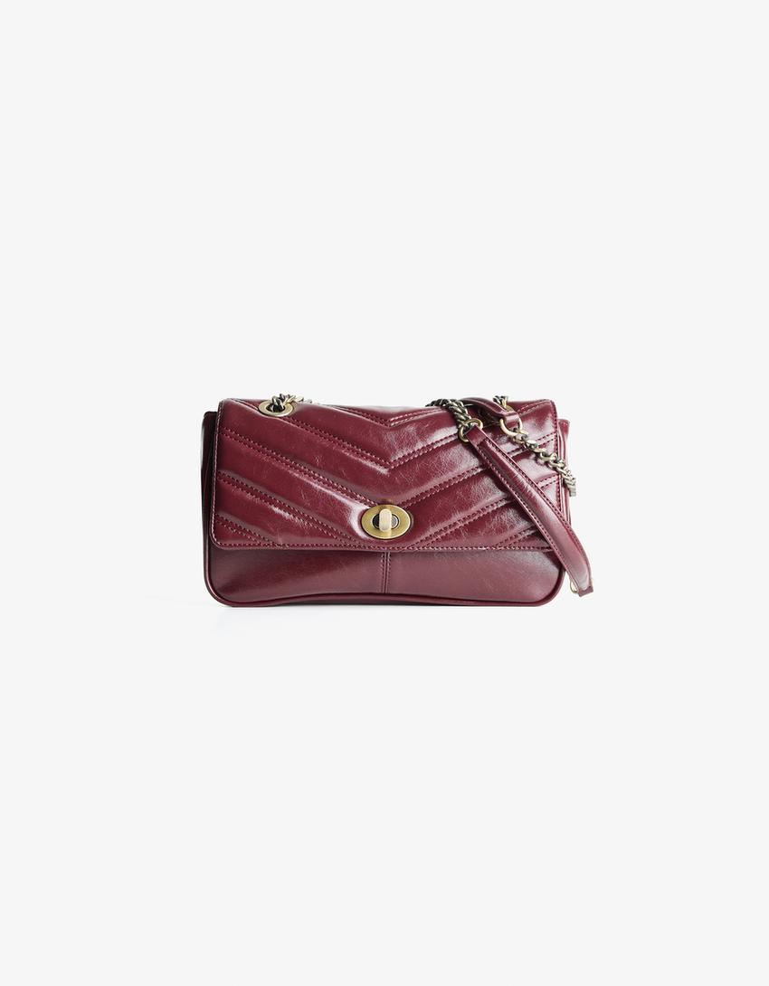 Quilted leather effect shoulder bag-Burgundy