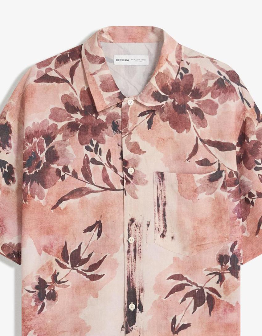 Chemise manches courtes imprimée-Rose