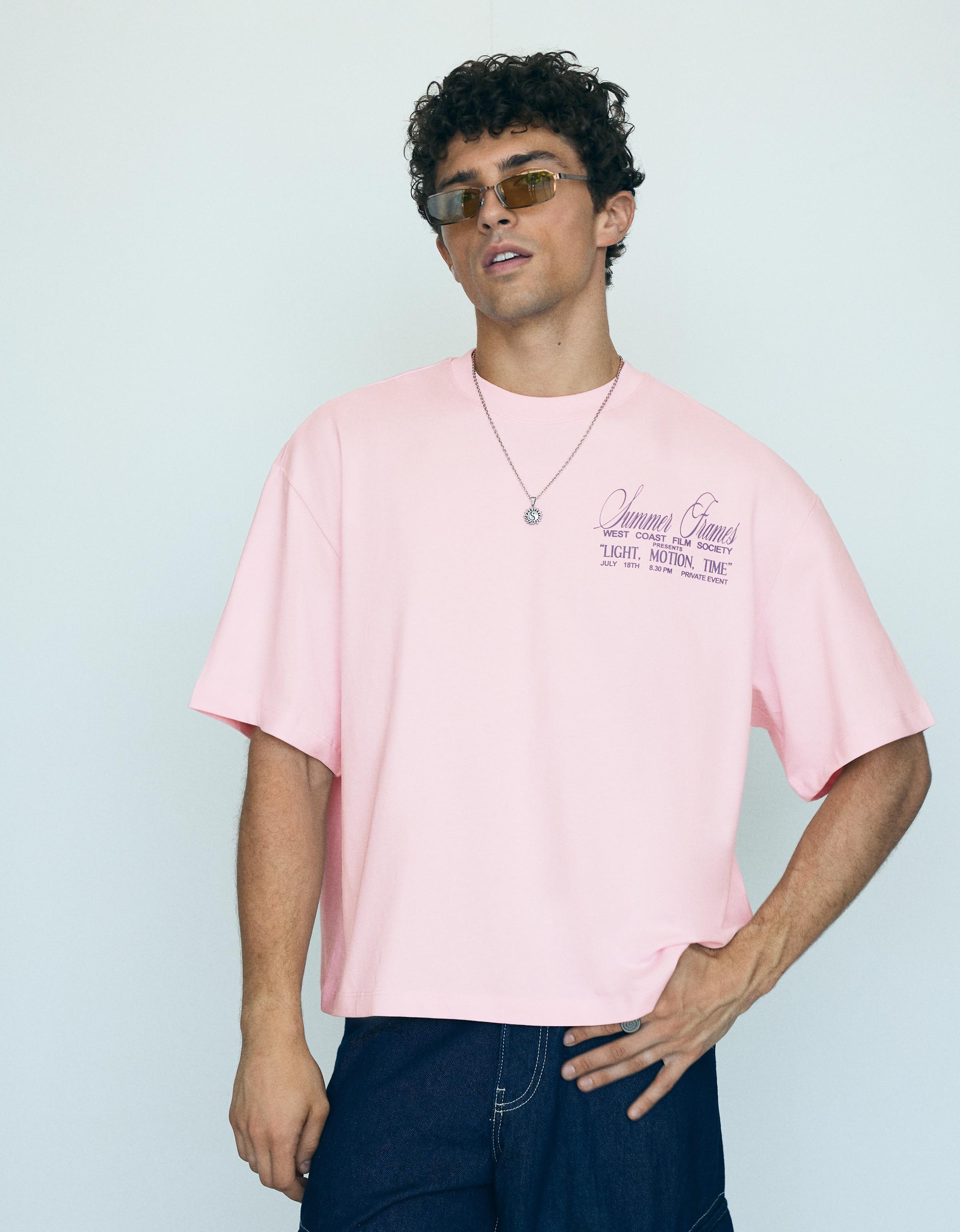 Bershka Camiseta Manga Corta Boxy Print Hombre Rosa