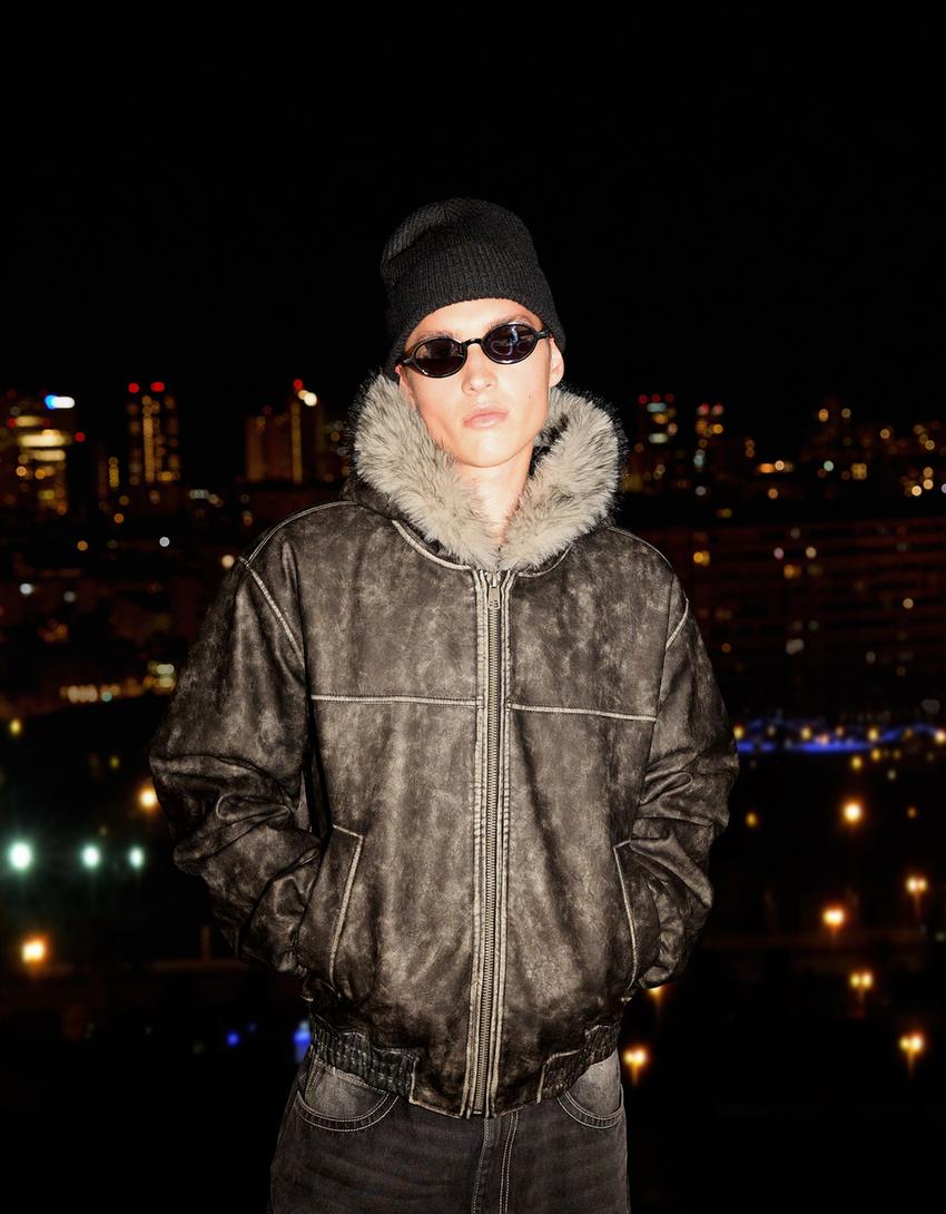 Faux leather hooded jacket-Black