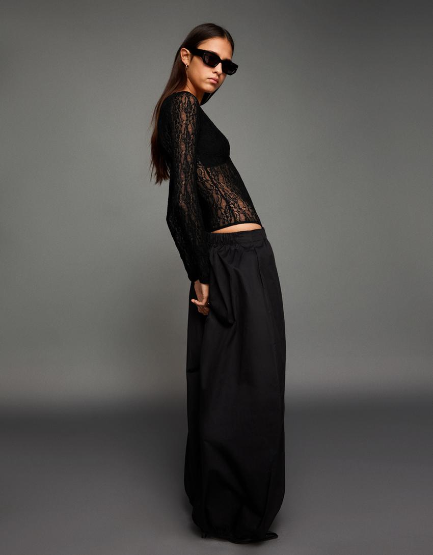 Uzun kollu dantel body-Siyah