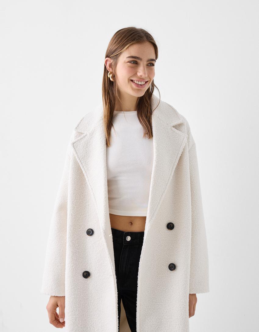 Manteau long cache-cœur bouclette double boutonnage-Écru-1