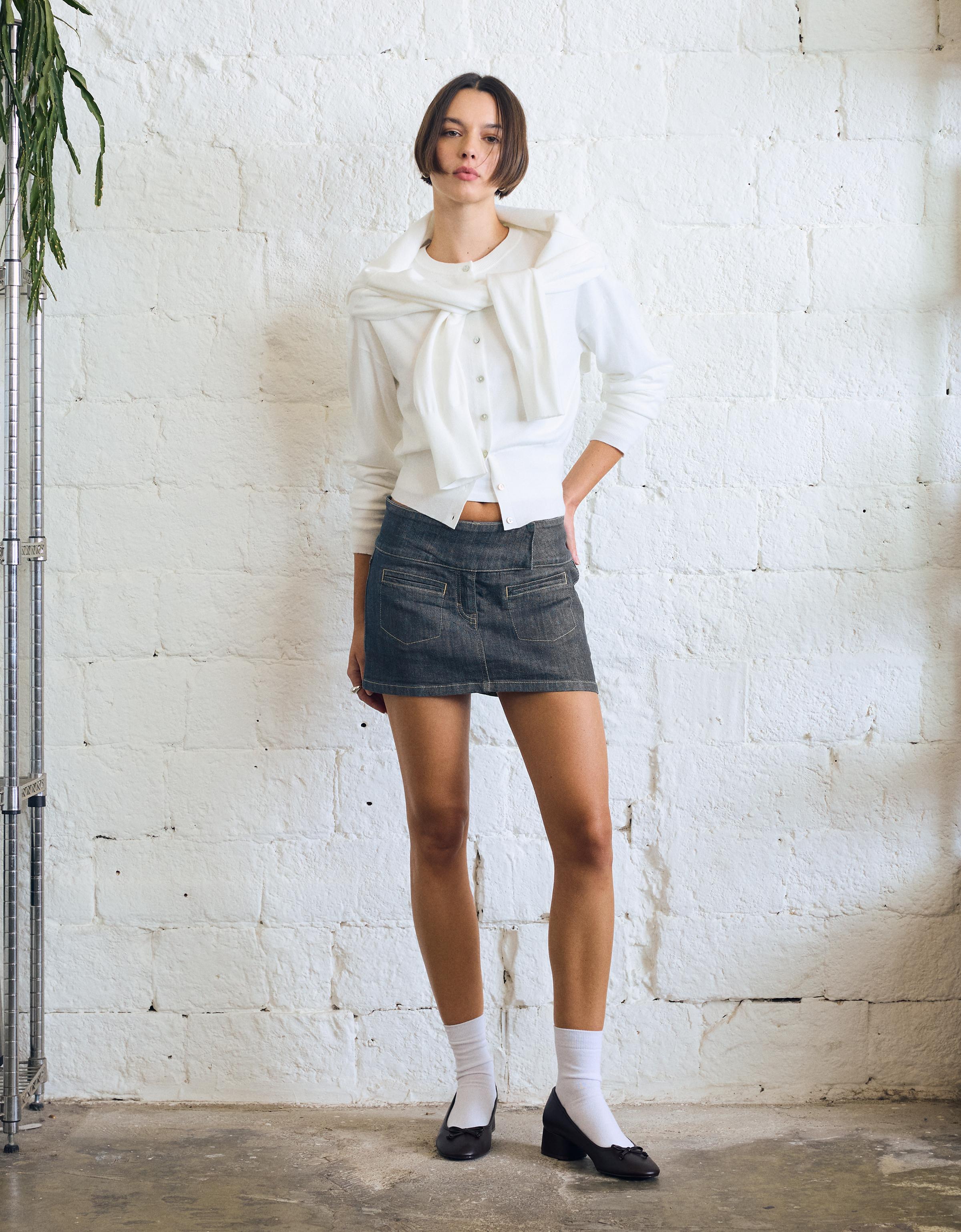 High-waist denim skort