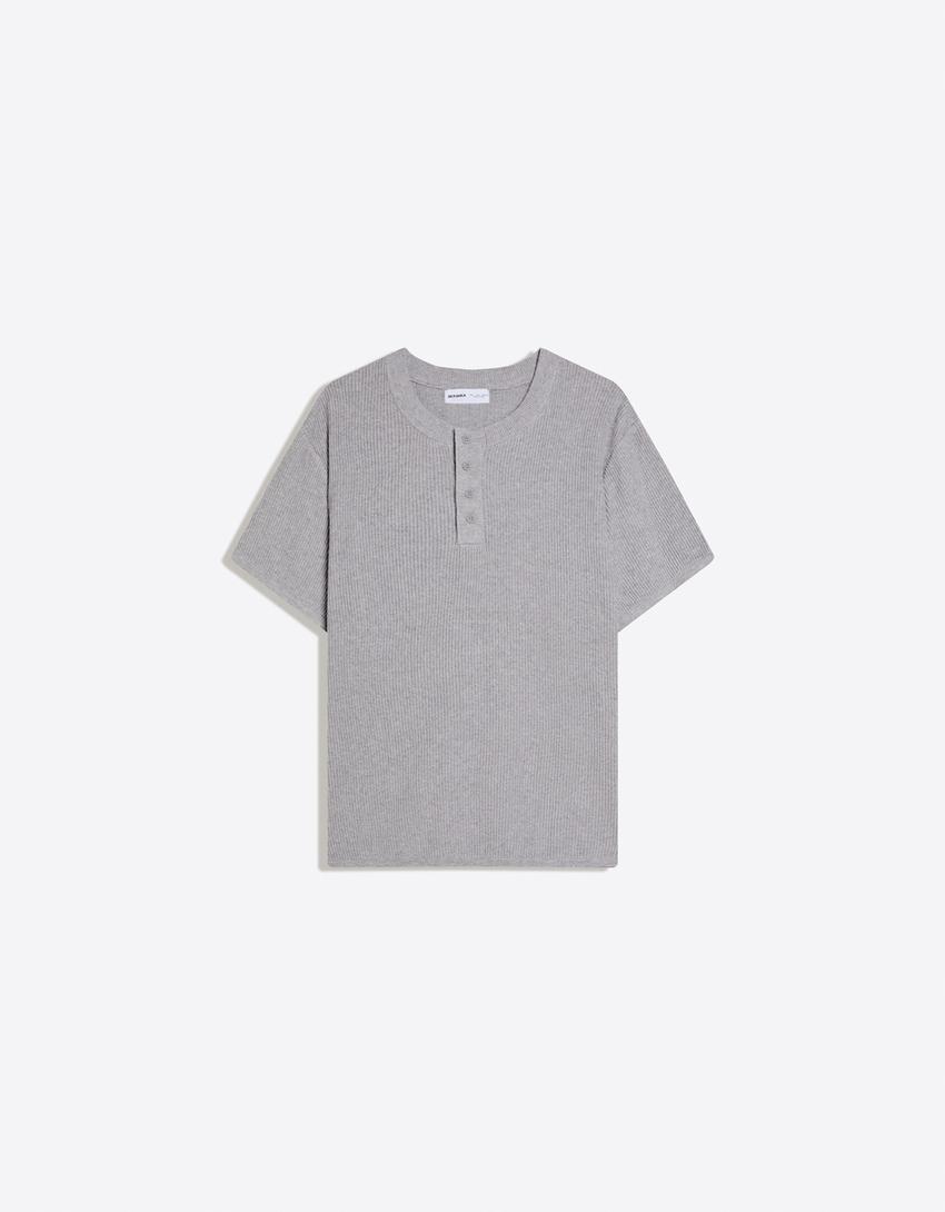 T-shirt manches courtes col tunisien-Gris