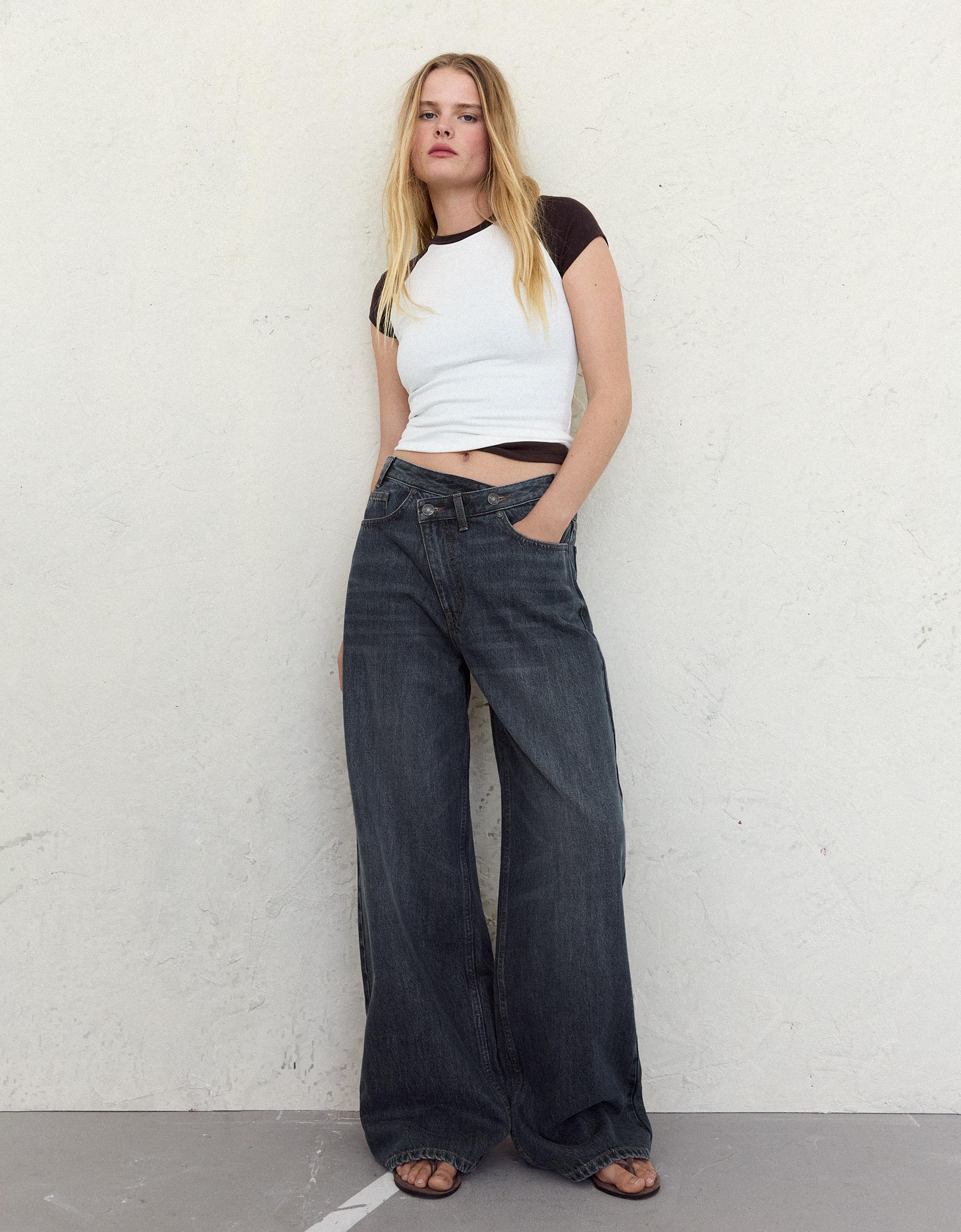 Bershka Jeans Wide Cintura Cruzada Mujer 32 Azul