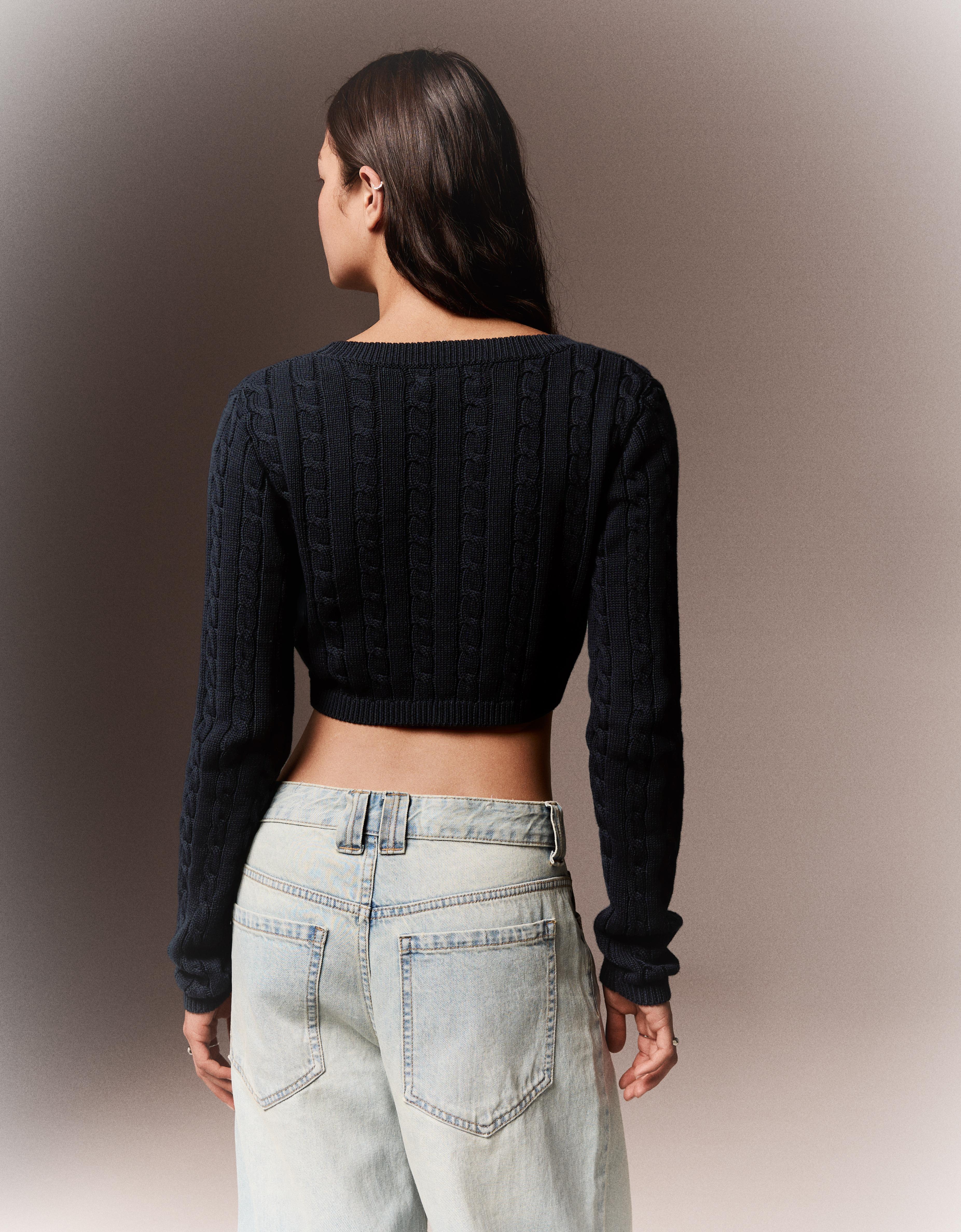 Cropped cable-knit cardigan — Navy