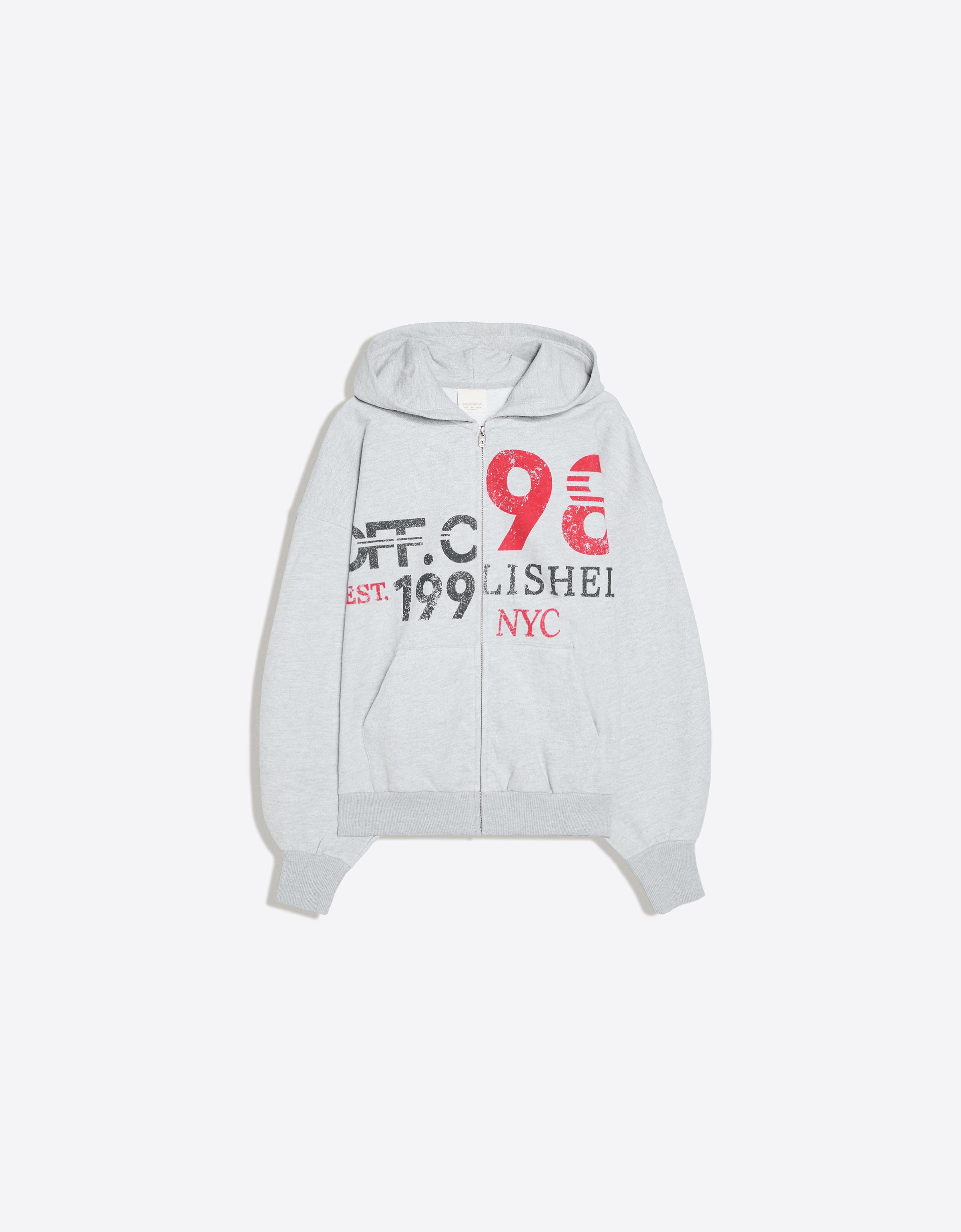 Oversize zip-up hooded sweatshirt with print — Mixed gray