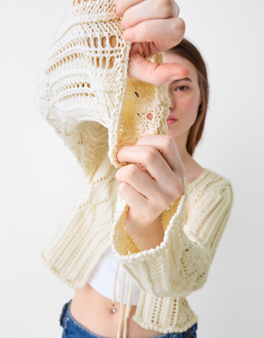 Open-knit rustic jacket-Cream-2