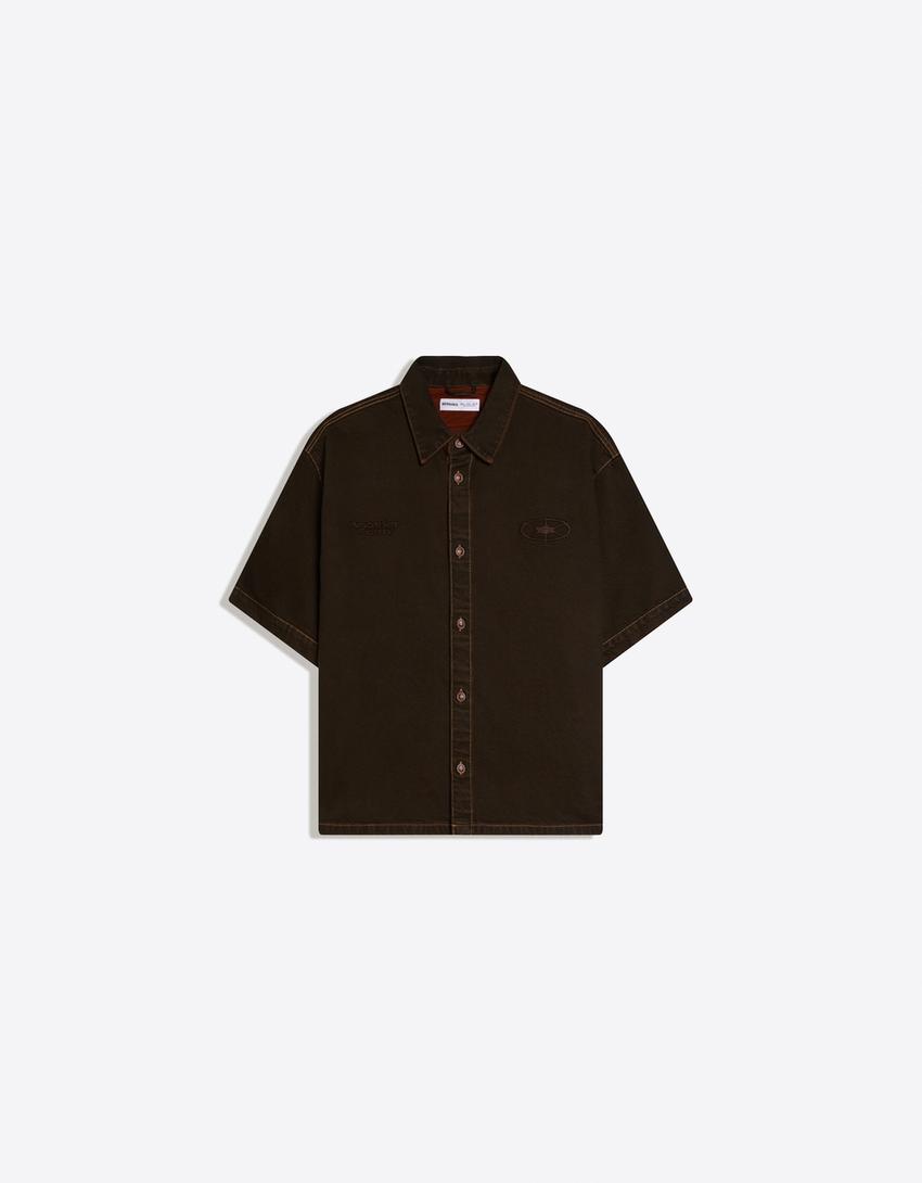 Embroidered boxy fit shirt-Brown