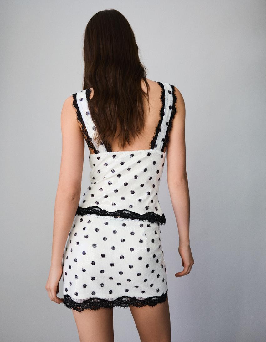 Sequin lace mini skirt-Off white