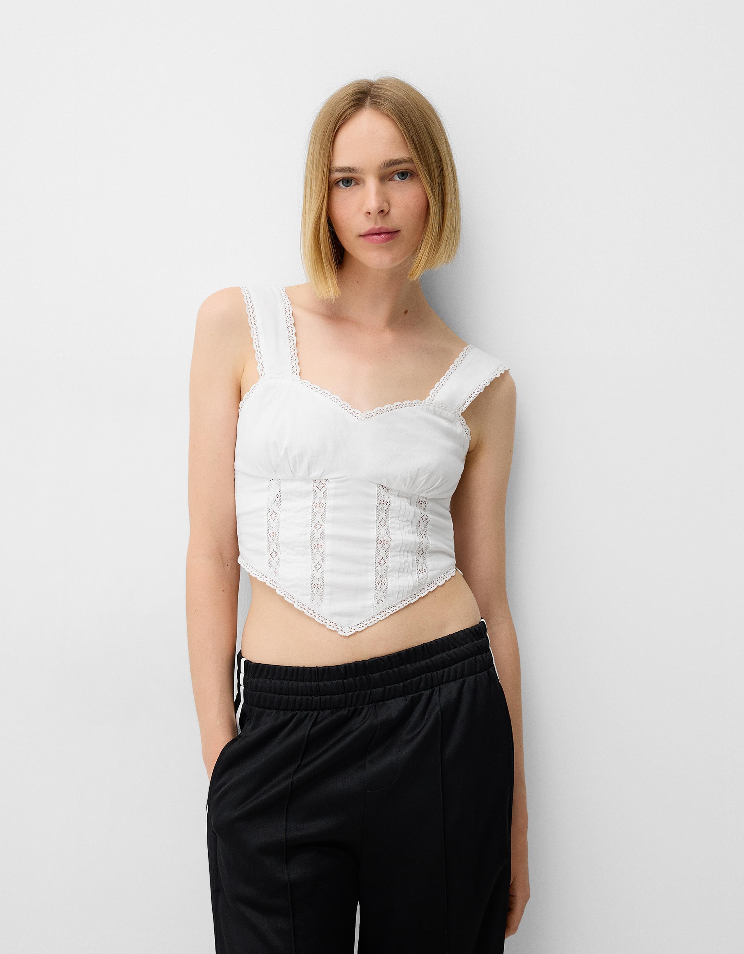 Bershka Cropped-Top Aus Popeline Damen Xs Grbrochenes Weiss