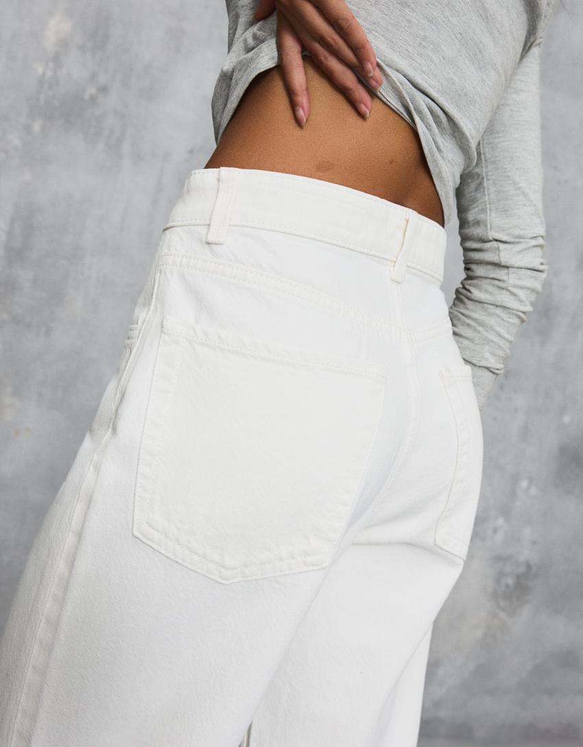 Jeans wide leg straight tiro alto-Crudo